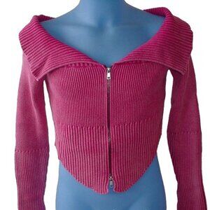 Wild Fable Ribbed Long Sleeve Fuchsia Pink Zipper Front Crop Cardigan - NWT